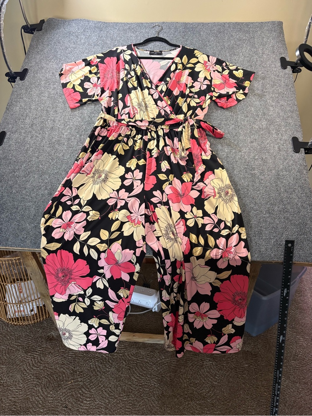 Women’s size 18/20 Floral Wrap Jumpsuit  - Black with Pink & Cream Flowers